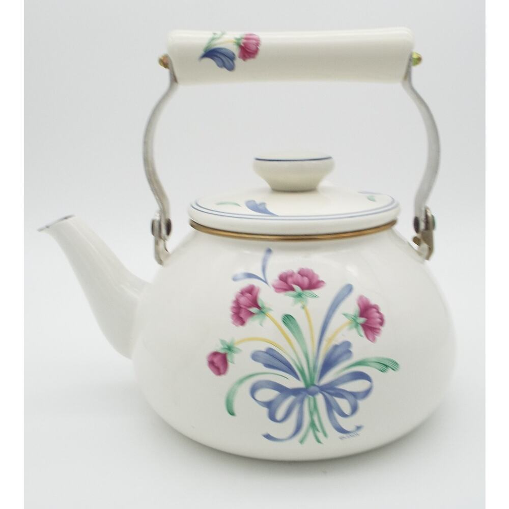 Lenox Poppies on Blue Metal Enamel Tea Kettle Teapot